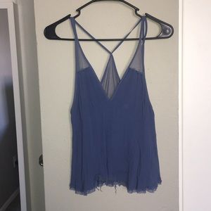 Light blue, frayed, sheer v-cut tank